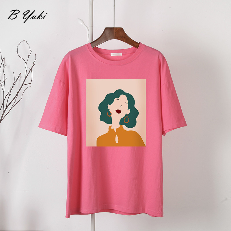 Blessyuki Mieli mergaitiški marškinėliai su raštais, moteriški vasarai, nauji 100 % medvilnė, estetiški raštai su O kaklu, moteriški palaidi marškinėliai