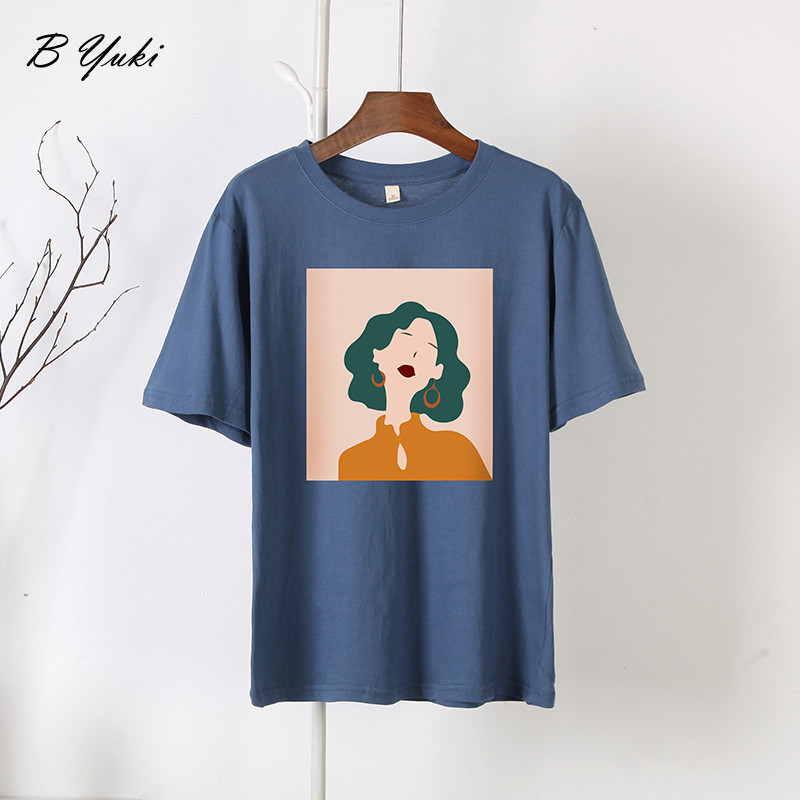 Blessyuki Mieli mergaitiški marškinėliai su raštais, moteriški vasarai, nauji 100 % medvilnė, estetiški raštai su O kaklu, moteriški palaidi marškinėliai