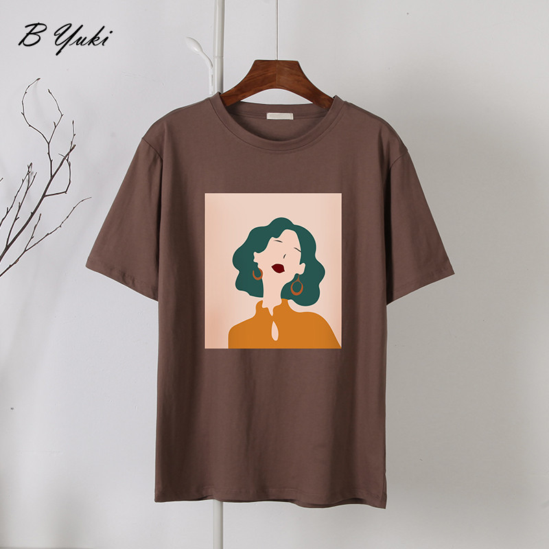 Blessyuki Mieli mergaitiški marškinėliai su raštais, moteriški vasarai, nauji 100 % medvilnė, estetiški raštai su O kaklu, moteriški palaidi marškinėliai