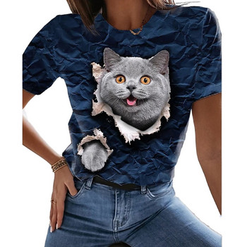 Γυναικείο μπλουζάκι καλοκαιρινής μόδας Ψηφιακή τρισδιάστατη εκτύπωση κοντομάνικο μπλουζάκι Χαριτωμένο μπλουζάκι γάτα με στρογγυλή λαιμόκοψη χαλαρό και άνετο