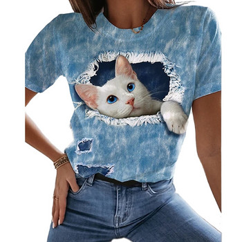 Γυναικείο μπλουζάκι καλοκαιρινής μόδας Ψηφιακή τρισδιάστατη εκτύπωση κοντομάνικο μπλουζάκι Χαριτωμένο μπλουζάκι γάτα με στρογγυλή λαιμόκοψη χαλαρό και άνετο