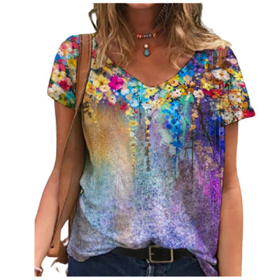 Moteriški gėlėmis marginti laisvalaikio marškinėliai trumpomis rankovėmis V formos iškirpte Medvilniniai marškinėliai Dydis 3XL Vasaros viršutinės 2021 m. mados gatvės aprangos marškinėliai