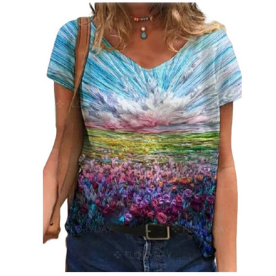 Moteriški gėlėmis marginti laisvalaikio marškinėliai trumpomis rankovėmis V formos iškirpte Medvilniniai marškinėliai Dydis 3XL Vasaros viršutinės 2021 m. mados gatvės aprangos marškinėliai