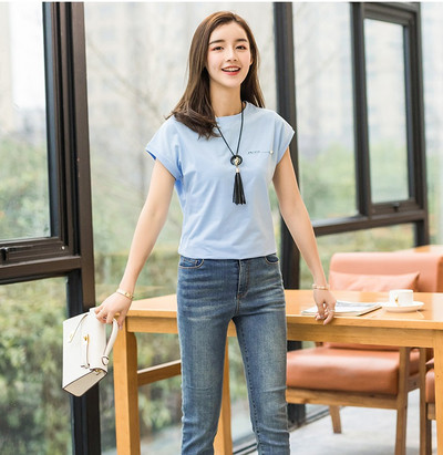 2022 m. vasariniai moteriški marškinėliai trumpomis rankovėmis, medvilniniai marškinėliai, trumpomis rankovėmis, „Batwing“ rankovėmis „T“ raidėmis marškinėliai moteriški siuvinėti deimantai