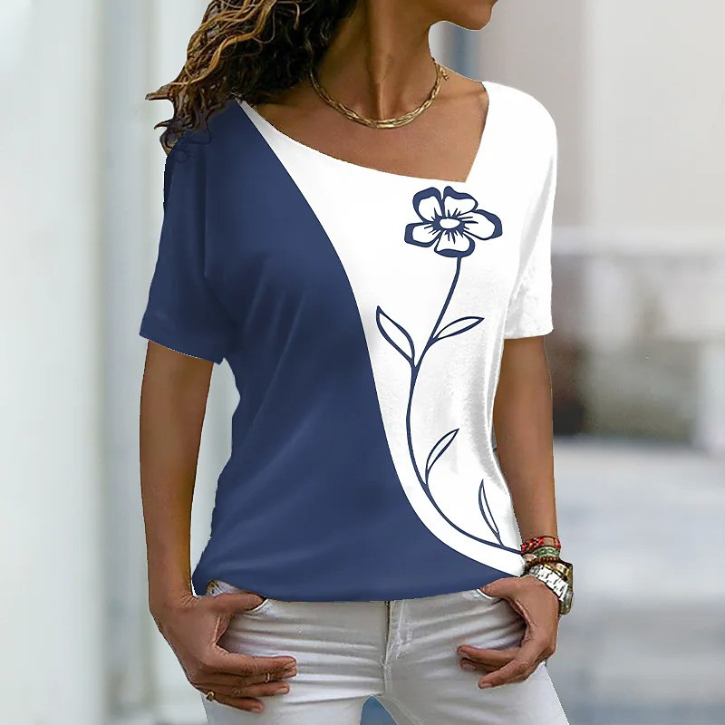 2022 m. vasaros laisvalaikio moteriški piešiniai su gėlėmis marškinėliai su gėlėmis spalvotu blokiniu spausdinimu V kaklo pagrindinės viršūnės žalia juoda raudona / 3D spausdinimas