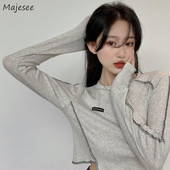 Marškinėliai ilgomis rankovėmis Moteriški marškinėliai, šypsena, plona, asimetrinė apkarpyta pavasario koledžo gatvės drabužių dizaino moteriška seksuali retro apranga