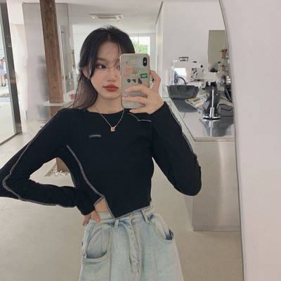 Marškinėliai ilgomis rankovėmis Moteriški marškinėliai, šypsena, plona, asimetrinė apkarpyta pavasario koledžo gatvės drabužių dizaino moteriška seksuali retro apranga