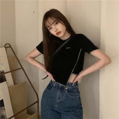 Marškinėliai ilgomis rankovėmis Moteriški marškinėliai, šypsena, plona, asimetrinė apkarpyta pavasario koledžo gatvės drabužių dizaino moteriška seksuali retro apranga