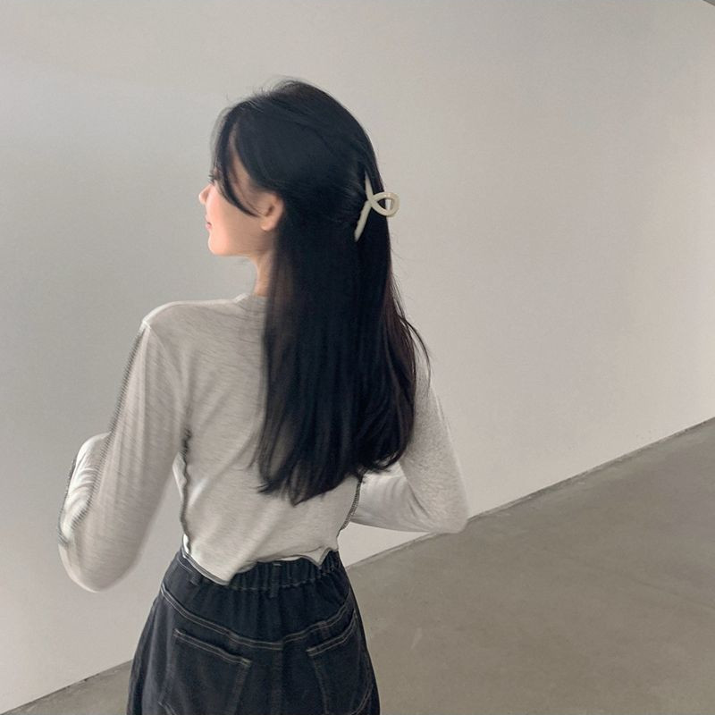 Marškinėliai ilgomis rankovėmis Moteriški marškinėliai, šypsena, plona, asimetrinė apkarpyta pavasario koledžo gatvės drabužių dizaino moteriška seksuali retro apranga