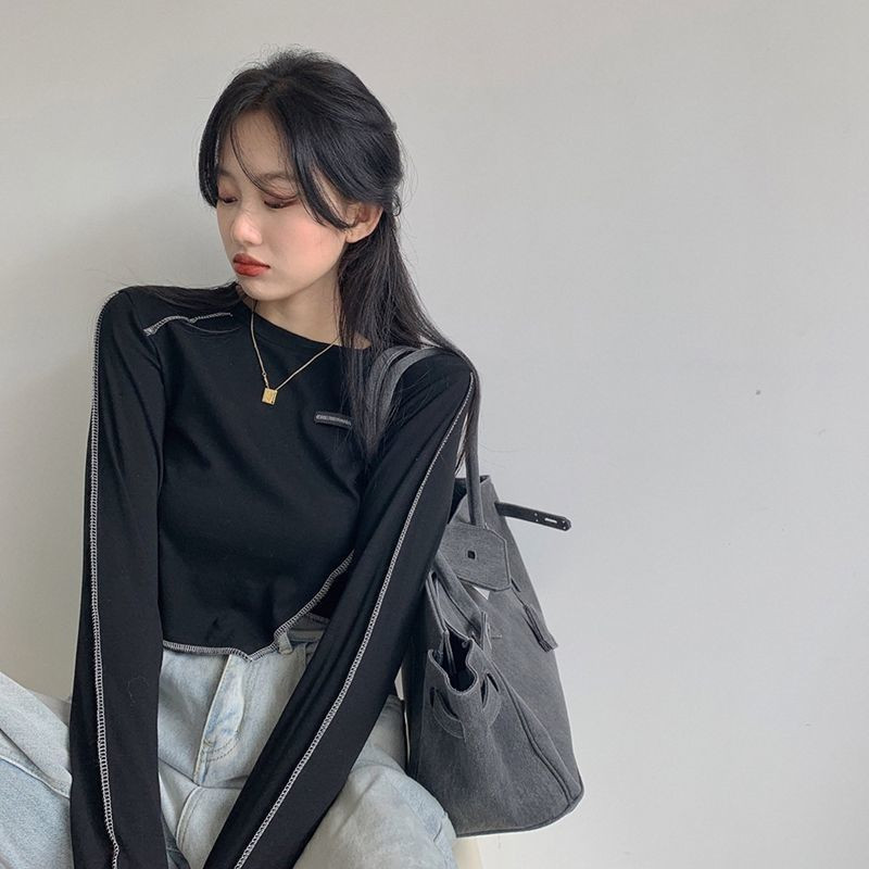 Marškinėliai ilgomis rankovėmis Moteriški marškinėliai, šypsena, plona, asimetrinė apkarpyta pavasario koledžo gatvės drabužių dizaino moteriška seksuali retro apranga