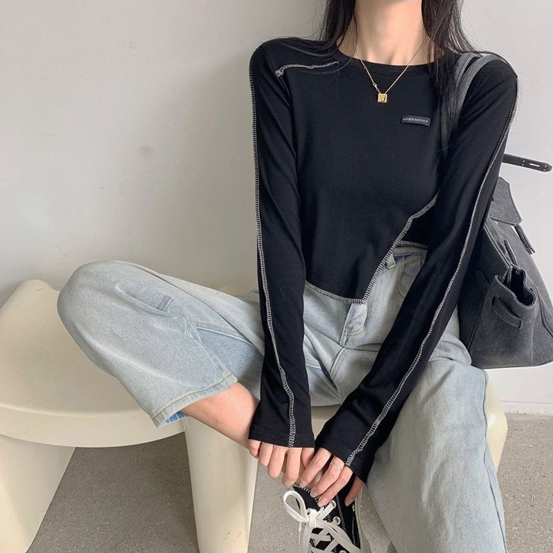 Marškinėliai ilgomis rankovėmis Moteriški marškinėliai, šypsena, plona, asimetrinė apkarpyta pavasario koledžo gatvės drabužių dizaino moteriška seksuali retro apranga