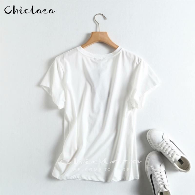 CHICLAZA 2022 új nyári fehér pamut póló női alkalmi O-nyakú, rövid ujjú, nyomott póló felsők