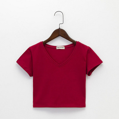 Vienspalviai medvilniniai V kaklo vienspalviai moteriški marškinėliai laisvalaikio viršutiniai aukšto juosmens marškinėliai Slim Basic Crop vasariniai gatvės drabužiai balti moteriški marškinėliai