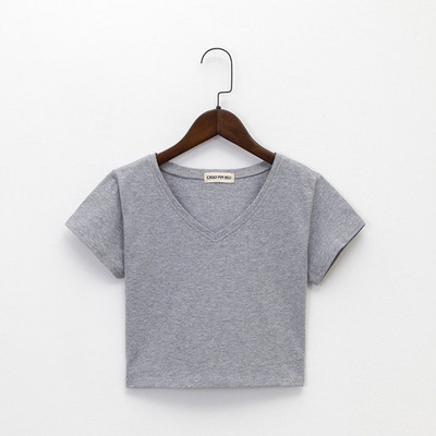 Vienspalviai medvilniniai V kaklo vienspalviai moteriški marškinėliai laisvalaikio viršutiniai aukšto juosmens marškinėliai Slim Basic Crop vasariniai gatvės drabužiai balti moteriški marškinėliai