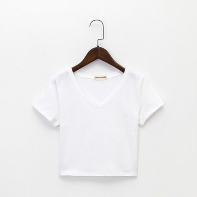 Vienspalviai medvilniniai V kaklo vienspalviai moteriški marškinėliai laisvalaikio viršutiniai aukšto juosmens marškinėliai Slim Basic Crop vasariniai gatvės drabužiai balti moteriški marškinėliai