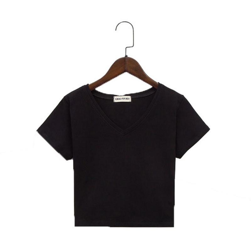 Vienspalviai medvilniniai V kaklo vienspalviai moteriški marškinėliai laisvalaikio viršutiniai aukšto juosmens marškinėliai Slim Basic Crop vasariniai gatvės drabužiai balti moteriški marškinėliai