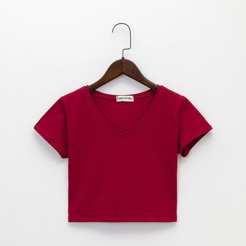 Vienspalviai medvilniniai V kaklo vienspalviai moteriški marškinėliai laisvalaikio viršutiniai aukšto juosmens marškinėliai Slim Basic Crop vasariniai gatvės drabužiai balti moteriški marškinėliai
