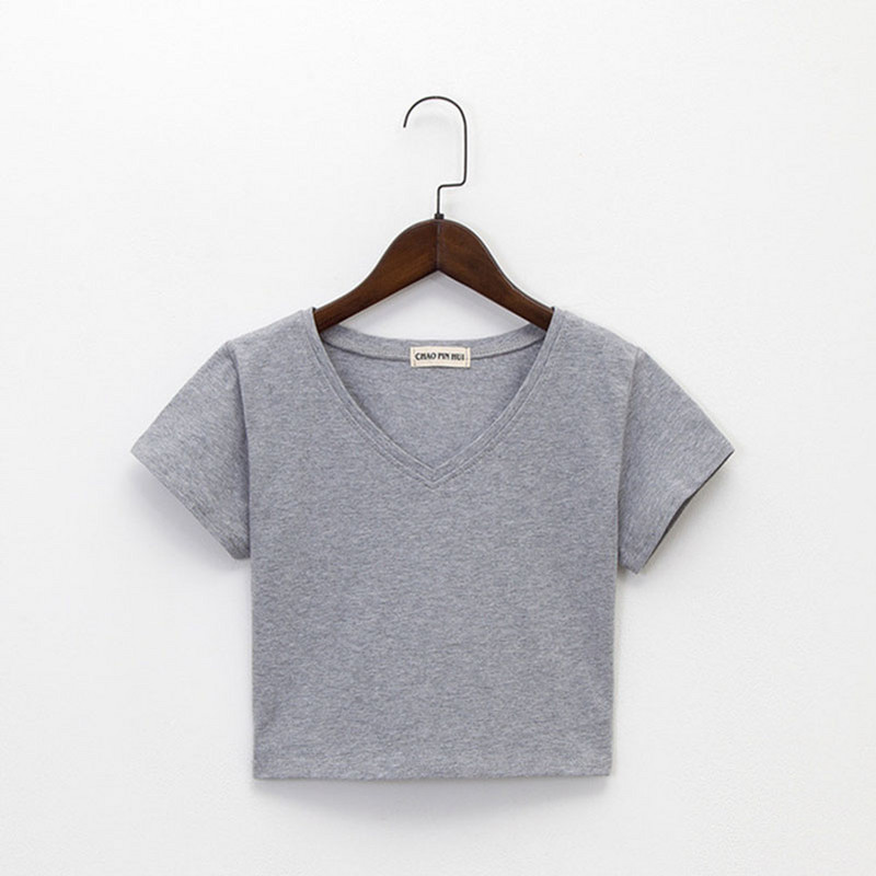 Vienspalviai medvilniniai V kaklo vienspalviai moteriški marškinėliai laisvalaikio viršutiniai aukšto juosmens marškinėliai Slim Basic Crop vasariniai gatvės drabužiai balti moteriški marškinėliai