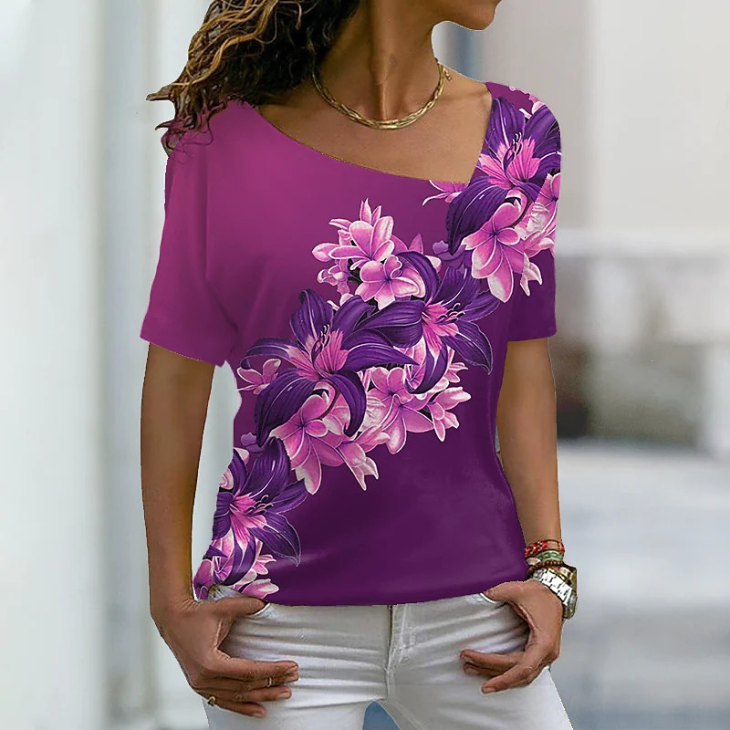 2022-es nyári elegáns női virágos témájú, 3D nyomtatott festésű pólók V nyakú női laza pulóverrel, túlméretezett, új dizájnú felsők