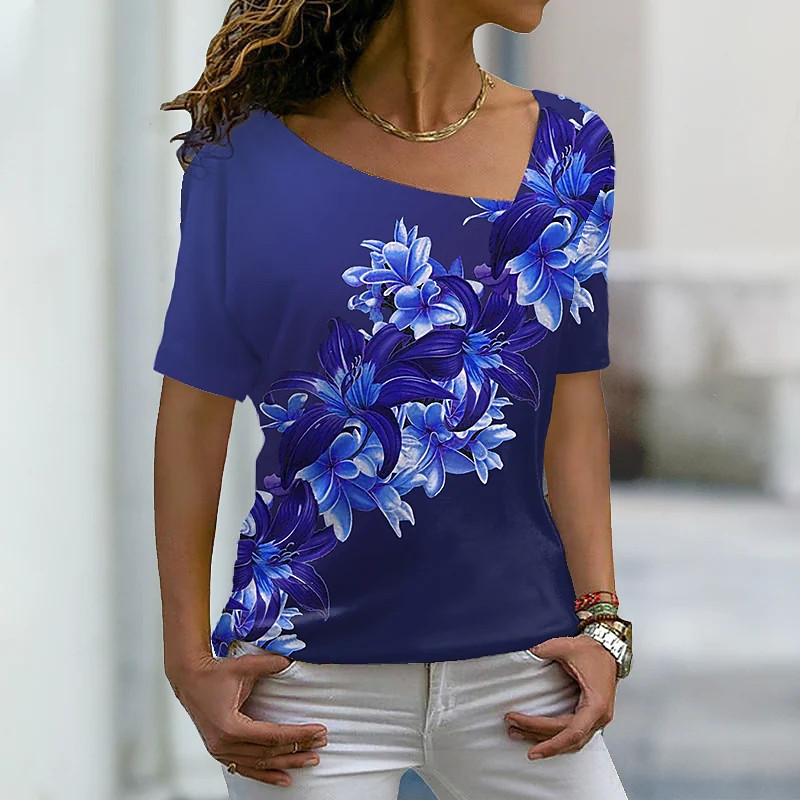 2022-es nyári elegáns női virágos témájú, 3D nyomtatott festésű pólók V nyakú női laza pulóverrel, túlméretezett, új dizájnú felsők