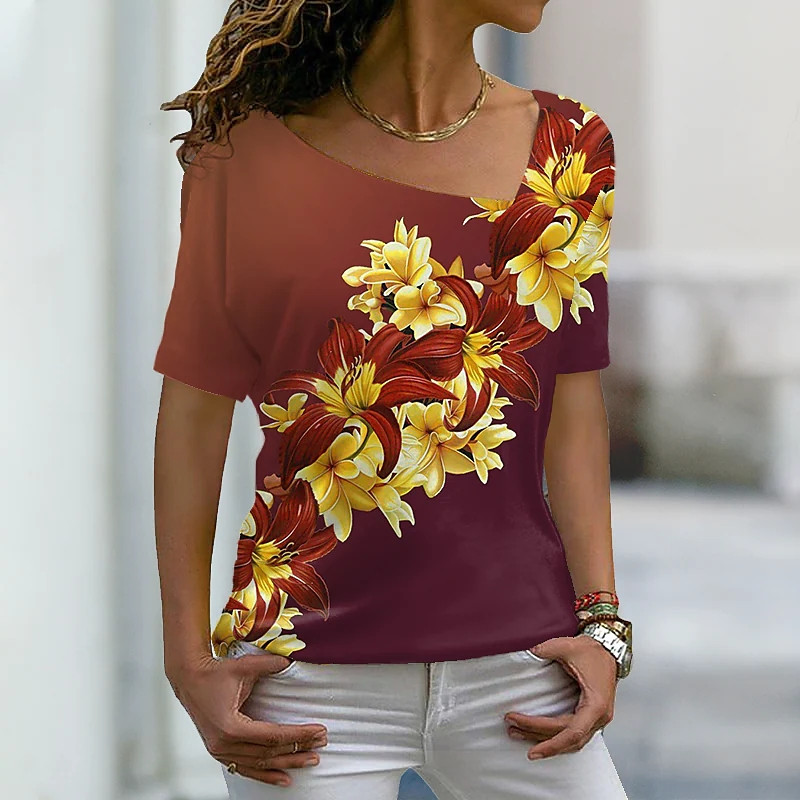 2022-es nyári elegáns női virágos témájú, 3D nyomtatott festésű pólók V nyakú női laza pulóverrel, túlméretezett, új dizájnú felsők