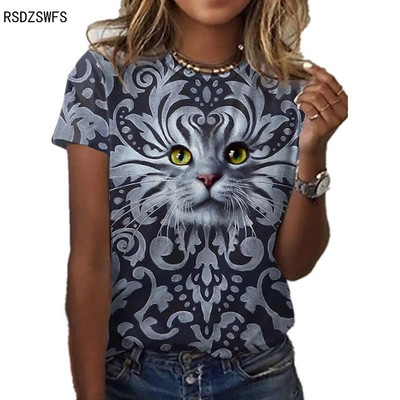 Nauja spauda Miela kačių/katinų spauda Moteriški marškinėliai Mados Fitneso Mergaitės trumpomis rankovėmis Viršūnės Mados Laisvalaikio nišos dizaino Drabužiai