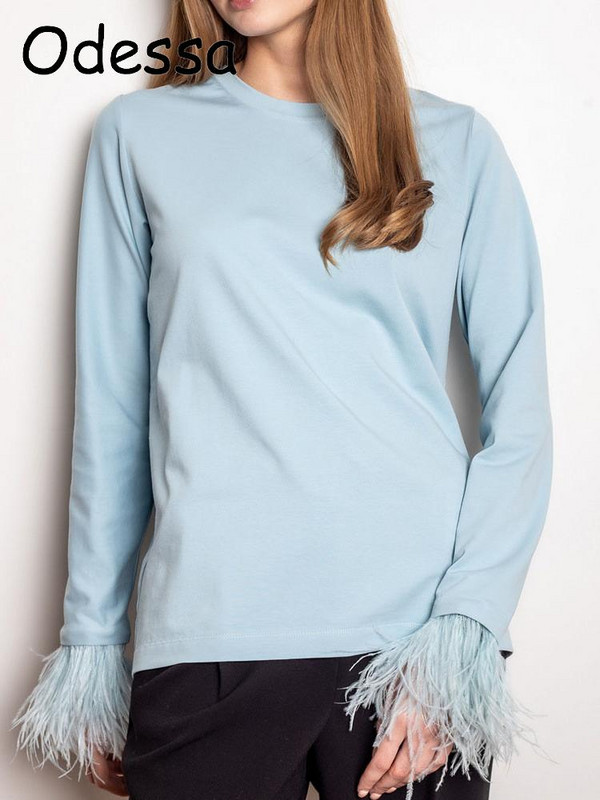 Odessa suletuttidega vabaaja pikkade varrukatega T-särk, naiste 2022. aasta talvekevadine streerwear peo naiste kaelusega T-särgid