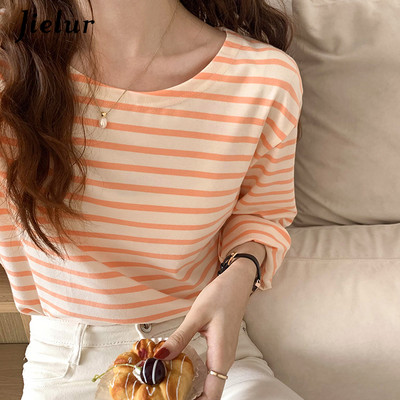 Jielur Korea Fashion Triibuline T-särk Sügisene pikkade varrukatega naiste topp vaba vabaaja puuvillane T-särk Naiste sinine oranž S-XL