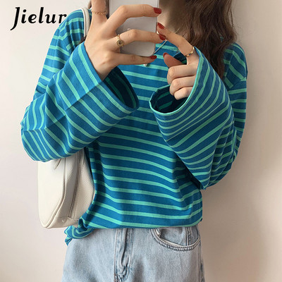Jielur Korea Fashion Triibuline T-särk Sügisene pikkade varrukatega naiste topp vaba vabaaja puuvillane T-särk Naiste sinine oranž S-XL