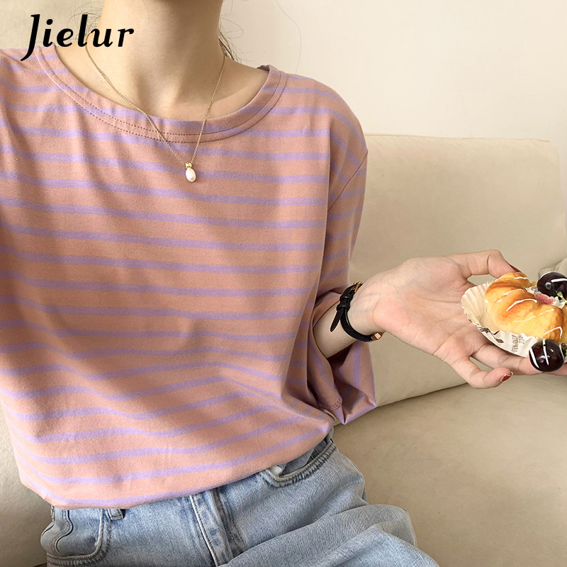 Jielur Korea Fashion Triibuline T-särk Sügisene pikkade varrukatega naiste topp vaba vabaaja puuvillane T-särk Naiste sinine oranž S-XL
