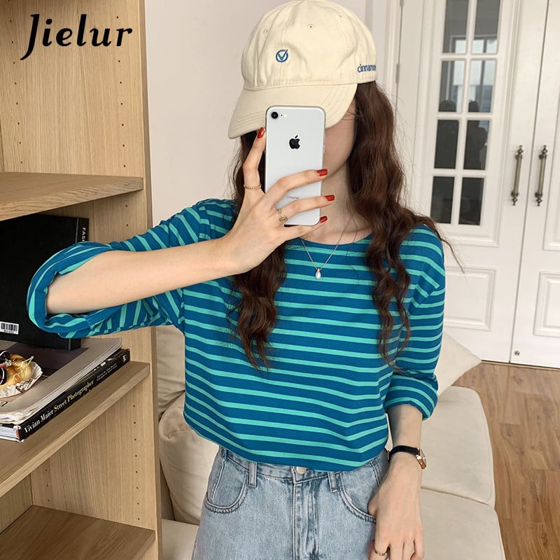 Jielur Korea Fashion Triibuline T-särk Sügisene pikkade varrukatega naiste topp vaba vabaaja puuvillane T-särk Naiste sinine oranž S-XL