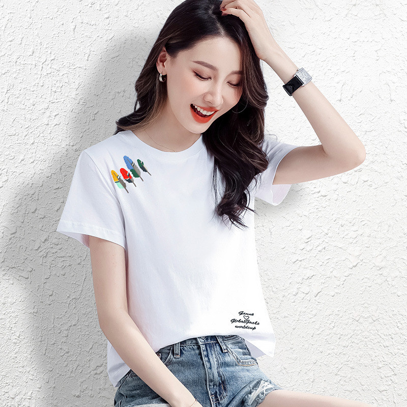2022 m. Moteriški marškinėliai Medvilniniai Gražūs baltai marginti marškinėliai Mieli trumpomis rankovėmis negabaritinių marškinėlių viršūnės Moteriški marškinėliai