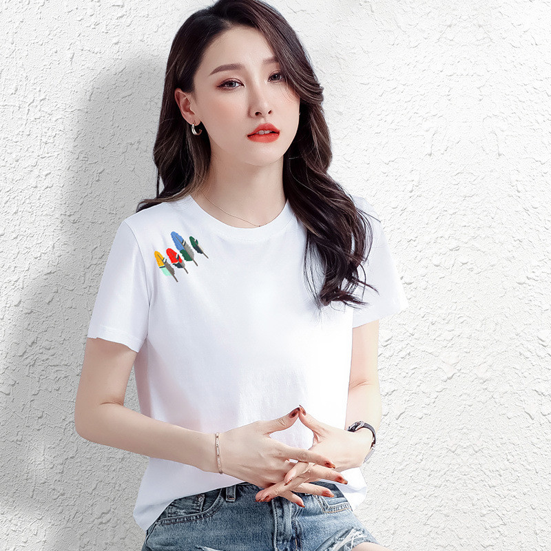 2022 m. Moteriški marškinėliai Medvilniniai Gražūs baltai marginti marškinėliai Mieli trumpomis rankovėmis negabaritinių marškinėlių viršūnės Moteriški marškinėliai