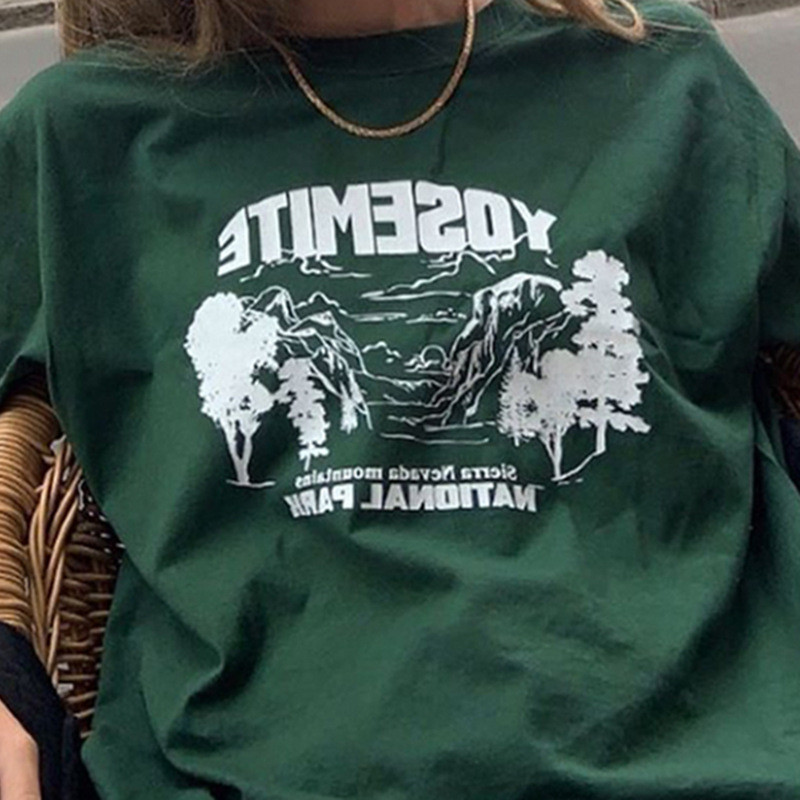 2021 m. grafiniai marškinėliai Saldūs ir aštrūs viršūnės tamsiai žali marškinėliai moteriškos raidės miško raštais trumpomis rankovėmis Lnst marškinėliai studentų laisvi