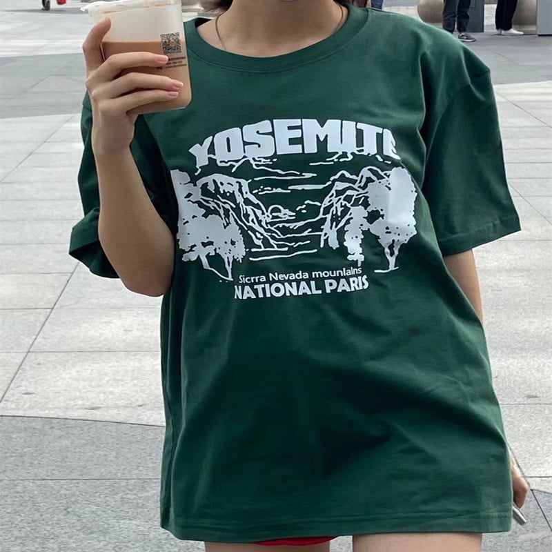 2021 m. grafiniai marškinėliai Saldūs ir aštrūs viršūnės tamsiai žali marškinėliai moteriškos raidės miško raštais trumpomis rankovėmis Lnst marškinėliai studentų laisvi