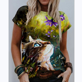 Καλοκαιρινό κοντό μανίκι Cute Forest Cat τρισδιάστατη εκτύπωση Άνετο μπλουζάκι γυναικείο αστείο νέο ρετρό πουλόβερ μόδας γυναικεία μπλούζα
