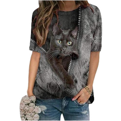 2021 Νέο γυναικείο πουλόβερ 3d καρτούν μπλουζάκι με στάμπα γάτας με λαιμόκοψη κοντό μανίκι φαρδιά μπλουζάκια ανοιξιάτικα μπλουζάκια σε καθημερινό μέγεθος
