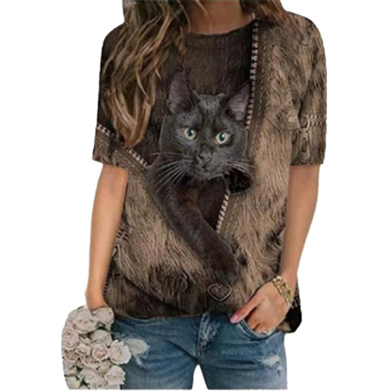 2021. novi ženski pulover s 3d crtanim mačkama i printom majica s O-izrezom kratkih rukava široke majice kratkih rukava proljetne ležerne veličine