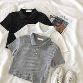 Korėjietiško stiliaus POLO Solid Crop Top, briaunoti mygtukai, trumpi megzti marškinėliai, madingi moteriški „Ropa Mujer“ drabužiai 2022 m.