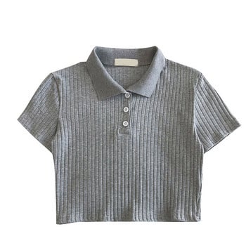 Κορεάτικο στυλ POLO Solid Crop Top με ραβδώσεις με κοντό πλεκτό μπλουζάκι Γυναικεία μόδα ρούχα Ropa Mujer 2022