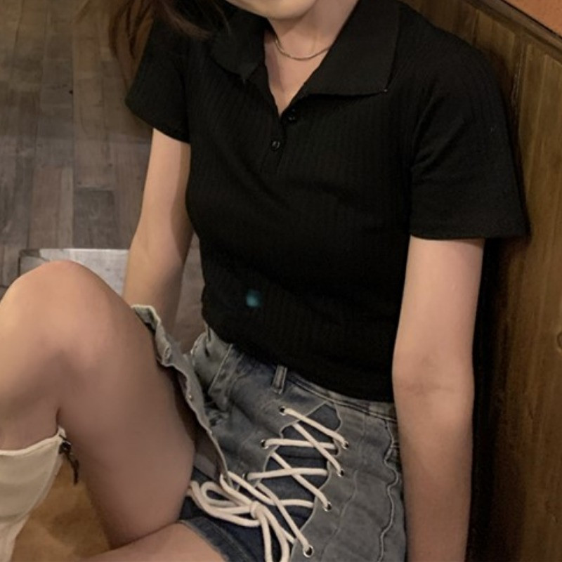 Korėjietiško stiliaus POLO Solid Crop Top, briaunoti mygtukai, trumpi megzti marškinėliai, madingi moteriški „Ropa Mujer“ drabužiai 2022 m.