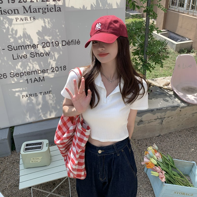 Korėjietiško stiliaus POLO Solid Crop Top, briaunoti mygtukai, trumpi megzti marškinėliai, madingi moteriški „Ropa Mujer“ drabužiai 2022 m.