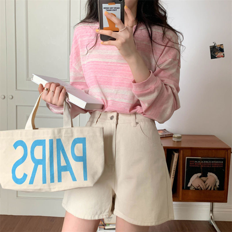 Csíkos, hosszú ujjú női póló O-nyakú koreai divatos túlméretezett póló Laza alkalmi Harajuku 2020 új őszi y2k felsők pólók