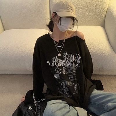 Y2K póló Fairy Grunge 2021 Vintage betűvel nyomtatott felsők, fekete őszi váll nélkül hosszú ujjú koreai póló, bő Harajuku ing