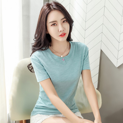 TuangBiang 2022 m. vasara su mygtuku V formos iškirpte trumpomis rankovėmis moteriški bambukiniai medvilniniai marškinėliai balti vientisos spalvos Mėlynos plonos mados viršūnės