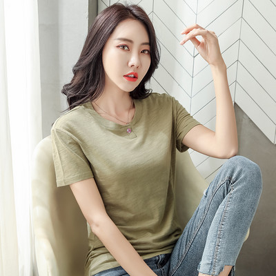 TuangBiang 2022 m. vasara su mygtuku V formos iškirpte trumpomis rankovėmis moteriški bambukiniai medvilniniai marškinėliai balti vientisos spalvos Mėlynos plonos mados viršūnės