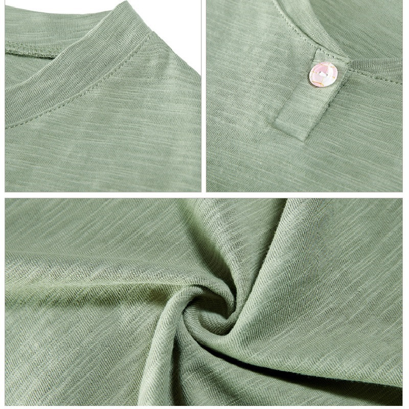 TuangBiang 2022 m. vasara su mygtuku V formos iškirpte trumpomis rankovėmis moteriški bambukiniai medvilniniai marškinėliai balti vientisos spalvos Mėlynos plonos mados viršūnės