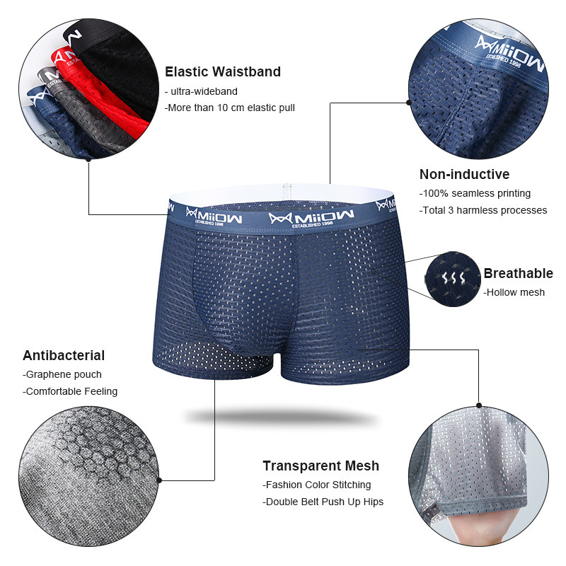 MiiOW 3Pcs Seksi Mrežaste Muške Bokserice Graphene Muške Gaćice Ice Silk Gaćice Prozračne 4XL Boxershort 2022