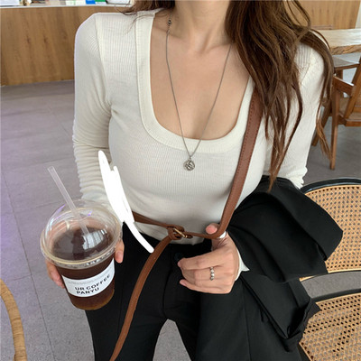 Dámske ružové tričko s okrúhlym golierom a dlhým rukávom, jesenné, úzke, s dlhým rukávom a topom v novom štýle 2022