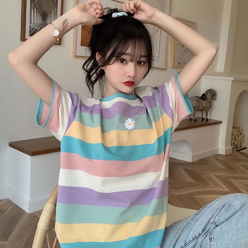 Női pólók Szivárvány csíkos rövid ujjú női póló Nyári bő ujjú póló kabát felsők Mujer Camisetas
